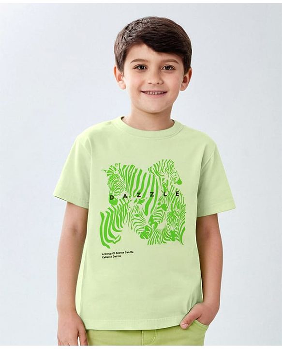 Pine Kids 100% Cotton Biowashed Half Sleeves T-Shirt Zebra Print - Lime Green