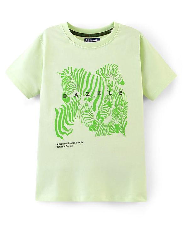 Pine Kids 100% Cotton Biowashed Half Sleeves T-Shirt Zebra Print - Lime Green