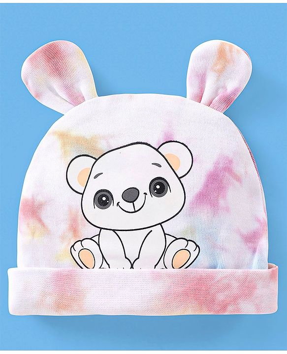 Babyhug 100% Cotton Cap With Ear Applique Teddy Print Multicolour - Diameter 10 cm