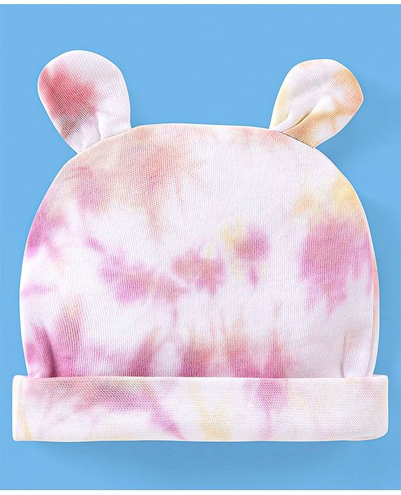 Babyhug 100% Cotton Cap With Ear Applique Teddy Print Multicolour - Diameter 10 cm