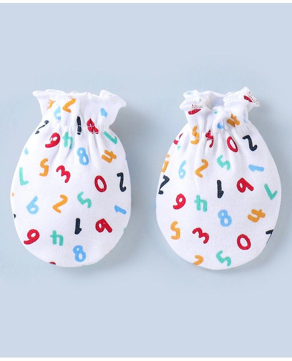 Babyhug 100% Cotton Mittens & Booties Set Numbers Print - White