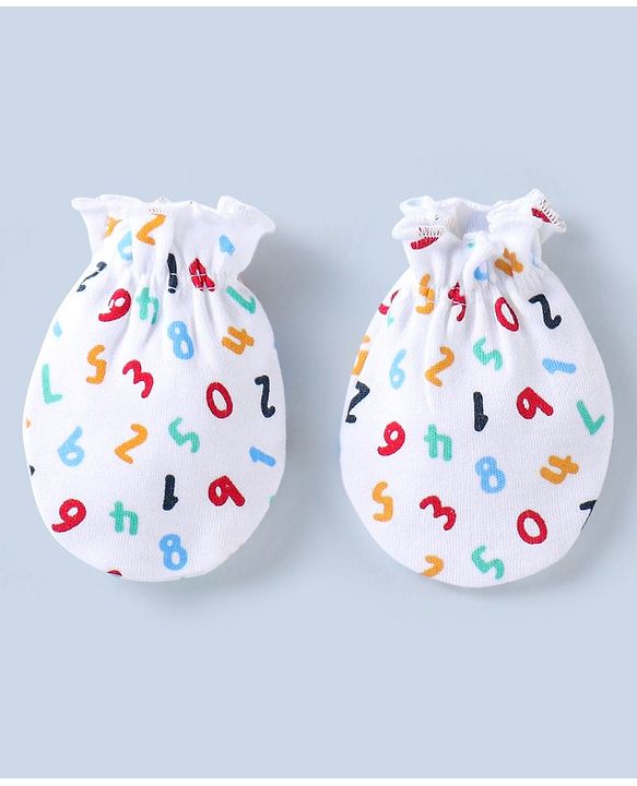 Babyhug 100% Cotton Mittens & Booties Set Numbers Print - White