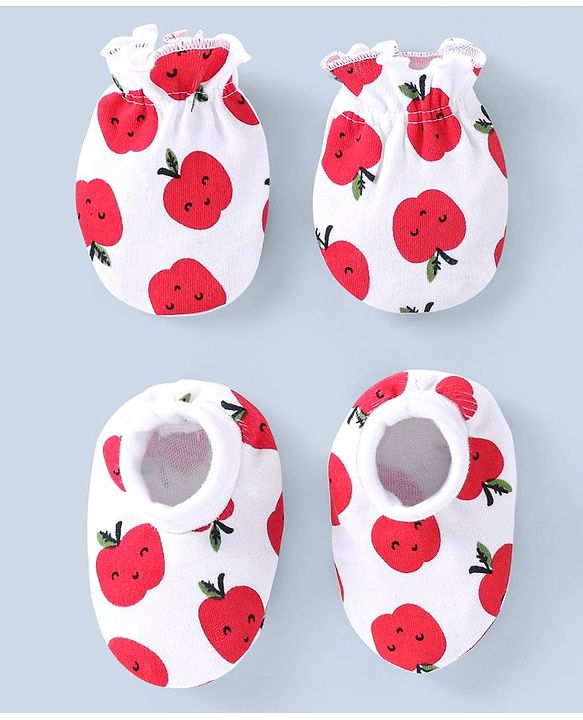 Babyhug 100% Cotton Mittens & Booties Set Apple Print - White & Red