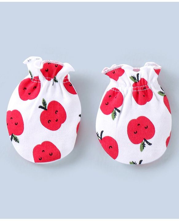 Babyhug 100% Cotton Mittens & Booties Set Apple Print - White & Red