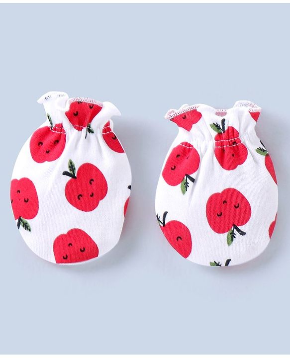 Babyhug 100% Cotton Mittens & Booties Set Apple Print - White & Red