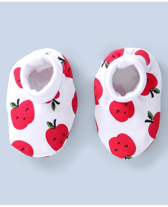 Babyhug 100% Cotton Mittens & Booties Set Apple Print - White & Red