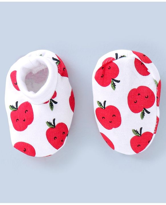 Babyhug 100% Cotton Mittens & Booties Set Apple Print - White & Red