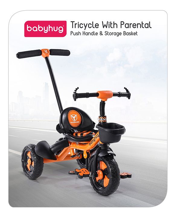 Babyhug Plug & Play Black Hawk Tricycle With Parental Push Handle & Storage Basket - Tiger Orange