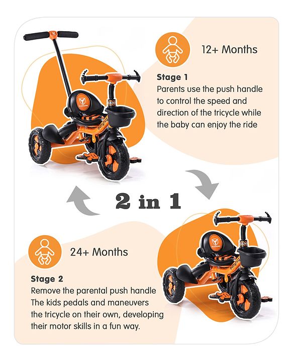 Babyhug Plug & Play Black Hawk Tricycle With Parental Push Handle & Storage Basket - Tiger Orange