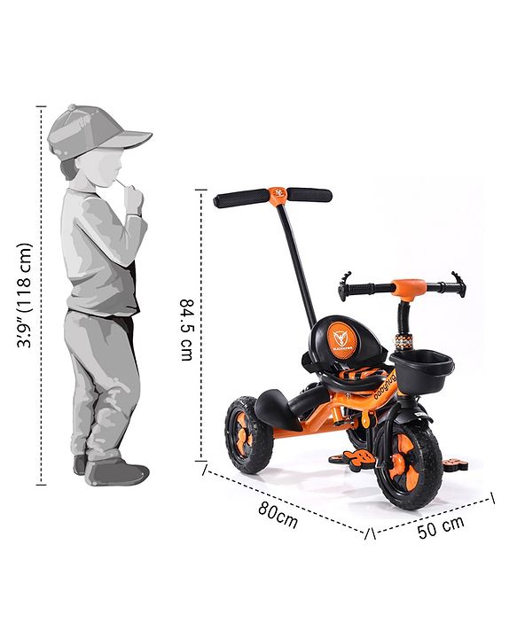 Babyhug Plug & Play Black Hawk Tricycle With Parental Push Handle & Storage Basket - Tiger Orange