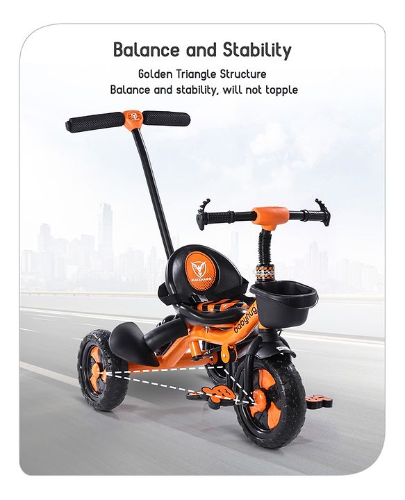 Babyhug Plug & Play Black Hawk Tricycle With Parental Push Handle & Storage Basket - Tiger Orange