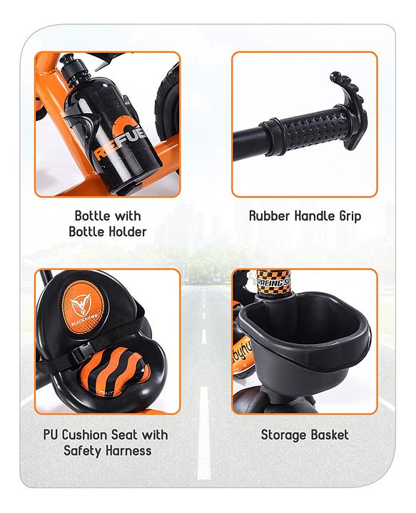 Babyhug Plug & Play Black Hawk Tricycle With Parental Push Handle & Storage Basket - Tiger Orange