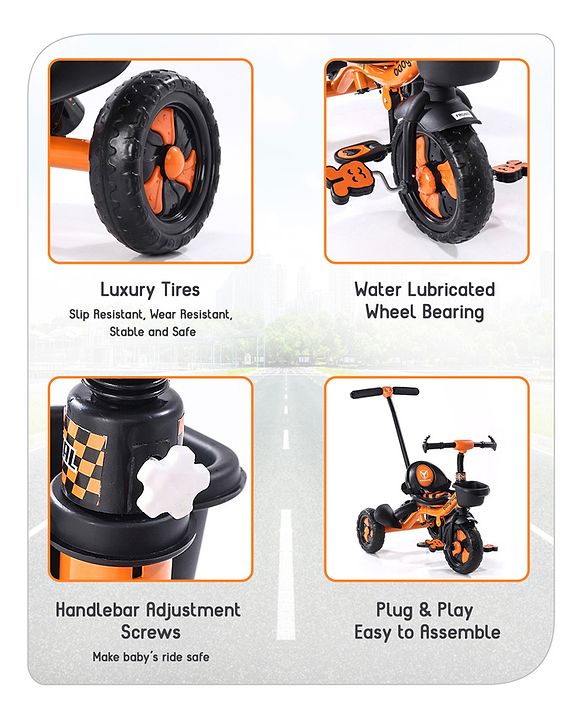 Babyhug Plug & Play Black Hawk Tricycle With Parental Push Handle & Storage Basket - Tiger Orange