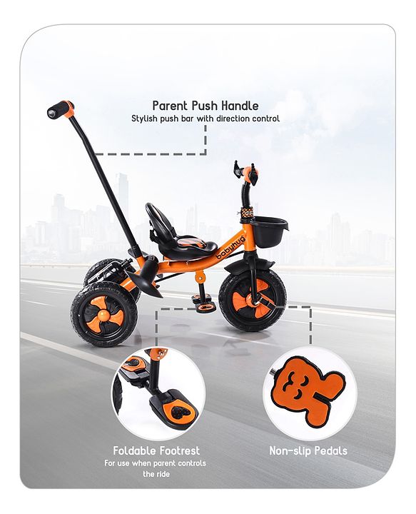 Babyhug Plug & Play Black Hawk Tricycle With Parental Push Handle & Storage Basket - Tiger Orange