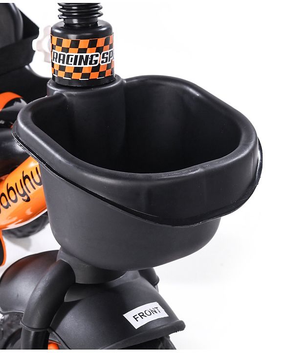 Babyhug Plug & Play Black Hawk Tricycle With Parental Push Handle & Storage Basket - Tiger Orange