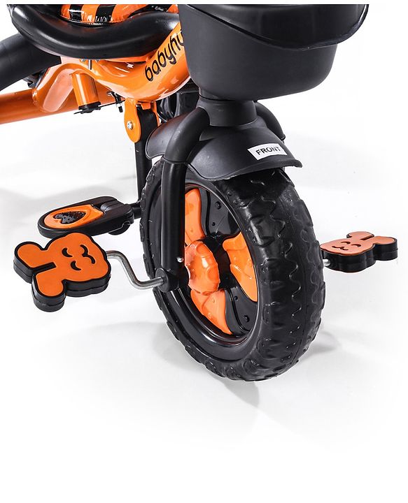 Babyhug Plug & Play Black Hawk Tricycle With Parental Push Handle & Storage Basket - Tiger Orange