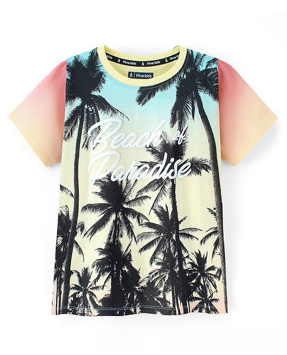 Pine Kids 100% Cotton Knit Half Sleeves Palm Trees Printed Biowashed T-Shirt - Blue & Peach