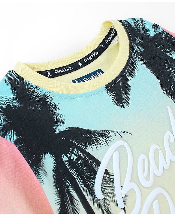 Pine Kids 100% Cotton Knit Half Sleeves Palm Trees Printed Biowashed T-Shirt - Blue & Peach