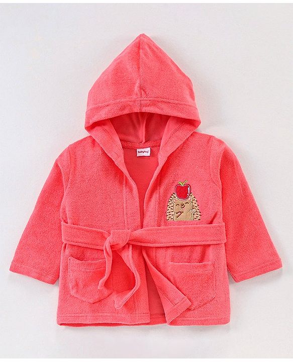 Babyhug Knit Terry Full Sleeves Hooded  Bath Robe with  Bear Patch - Red