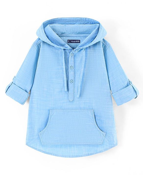 Pine Kids 100% Cotton Woven Soft Hand Feel Full Sleeves Hooded Shirt with Kangaroo Pocket - Blue