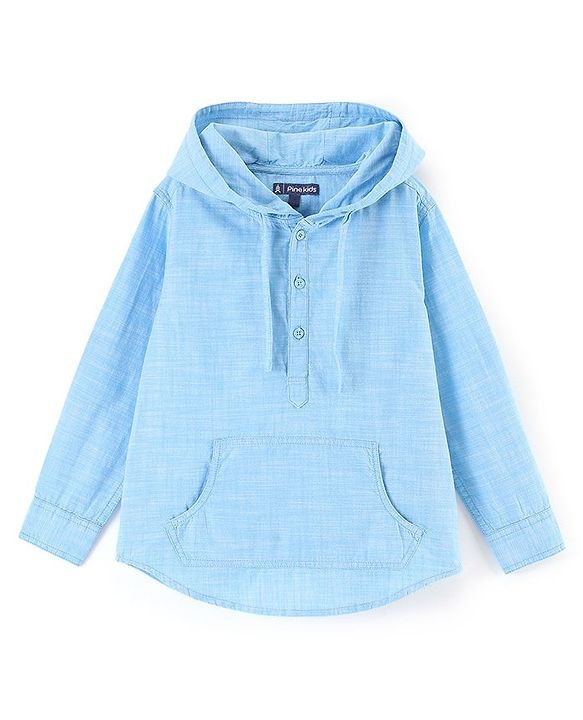 Pine Kids 100% Cotton Woven Soft Hand Feel Full Sleeves Hooded Shirt with Kangaroo Pocket - Blue