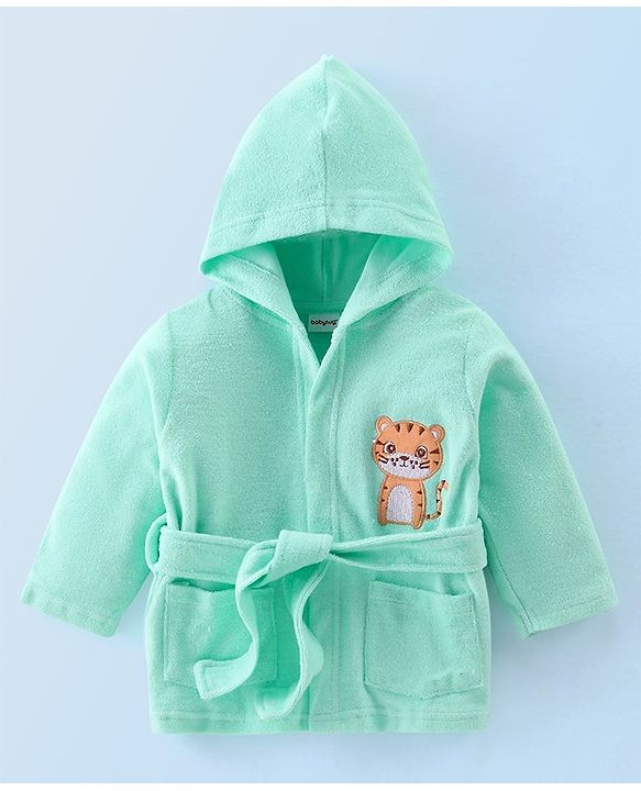 Babyhug Knit Terry Full Sleeves Hooded Bath Robe with Tiger Patch - Blue