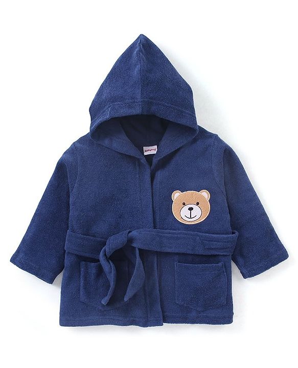 Babyhug Terry Knit Full Sleeves Hooded Bath Robe Teddy Patch - Blue