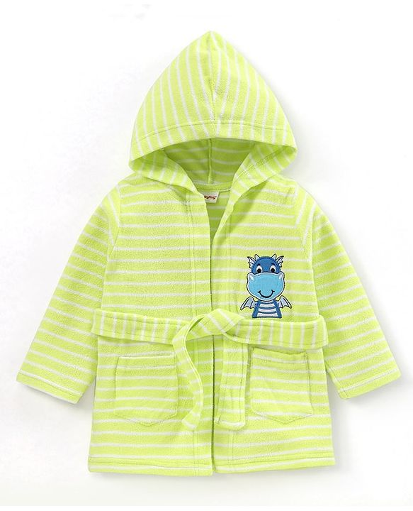 Babyhug Knit Terry Full Sleeves Striped Hooded  Bath Robe with  Diano Patch - Green
