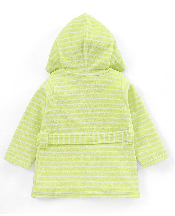 Babyhug Knit Terry Full Sleeves Striped Hooded  Bath Robe with  Diano Patch - Green