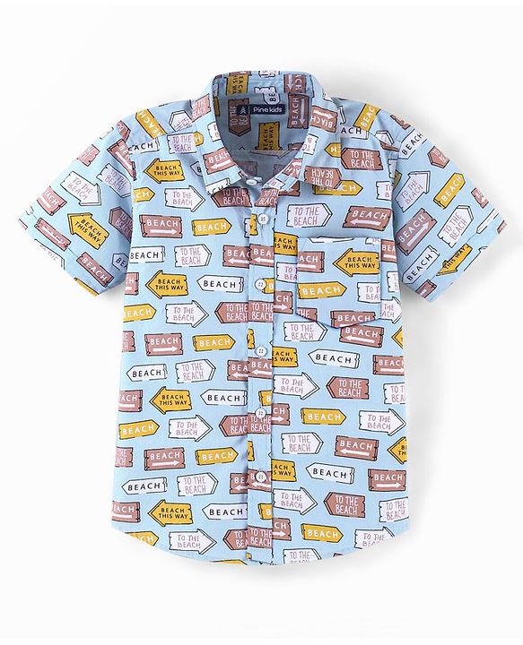 Pine Kids 100% Cotton Half Sleeves Shirt Conversational Print - Blue