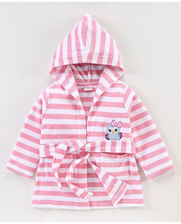 Babyhug Knit Terry Full Sleeves Striped Hooded  Bath Robe with  Owl Patch - Pink