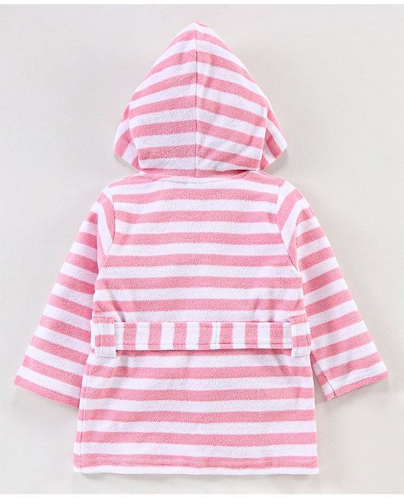 Babyhug Knit Terry Full Sleeves Striped Hooded  Bath Robe with  Owl Patch - Pink