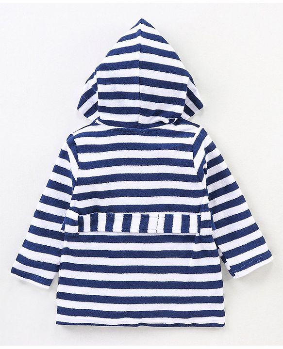 Babyhug Knit Terry Full Sleeves Striped Hooded  Bath Robe with  Crab Patch - Navy Blue