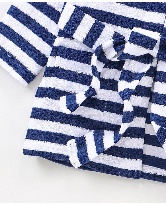 Babyhug Knit Terry Full Sleeves Striped Hooded  Bath Robe with  Crab Patch - Navy Blue