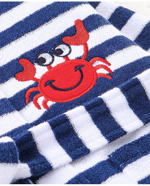 Babyhug Knit Terry Full Sleeves Striped Hooded  Bath Robe with  Crab Patch - Navy Blue