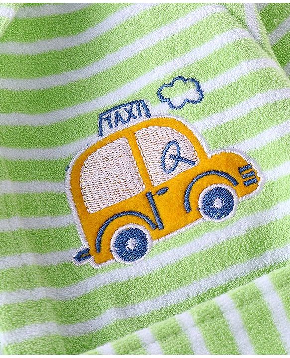Babyhug Knit Terry Full Sleeves Hooded Bath Robe with Car Patch - Green