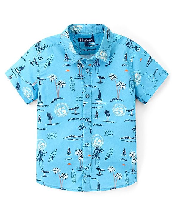 Pine Kids 100% Cotton Half Sleeves Shirt Beach Print- Blue