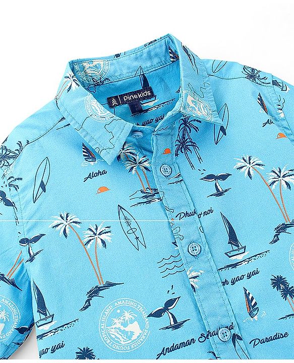 Pine Kids 100% Cotton Half Sleeves Shirt Beach Print- Blue