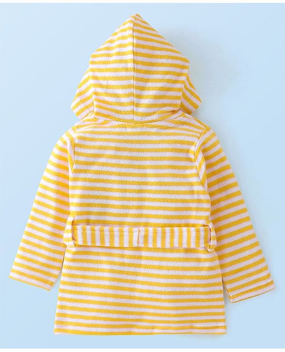 Babyhug Knit Terry Full Sleeves Hooded Stripe Bath Robe - Yellow