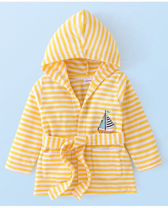 Babyhug Knit Terry Full Sleeves Hooded Stripe Bath Robe - Yellow
