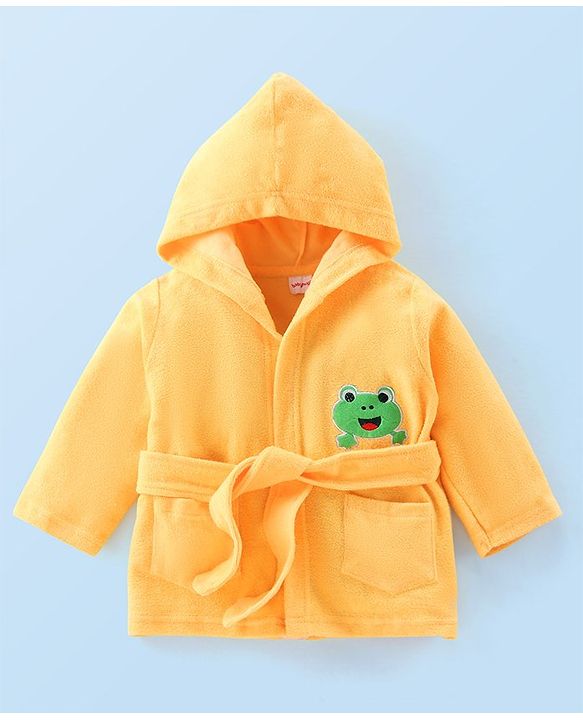 Babyhug Knit Terry Full Sleeves Hooded Bath Robe with Frog Patch - Yellow