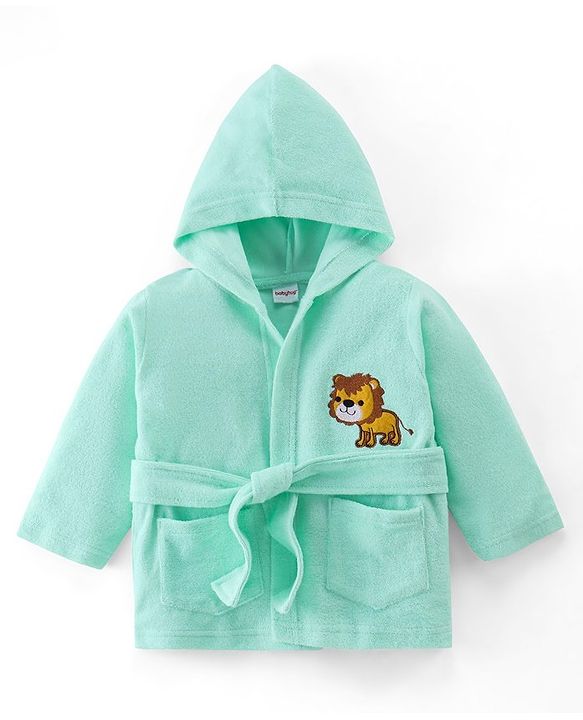 Babyhug Knit Terry Full Sleeves Hooded  Bath Robe with  Lion Patch - Blue