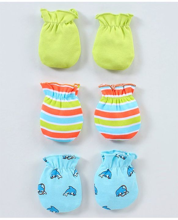 Babyhug 100% Cotton Mittens Pack of 3 - Multicolour