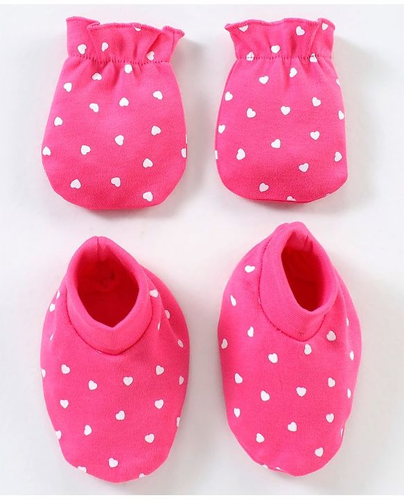 Babyhug 100% Cotton Mittens & Booties Set Heart Print - Pink