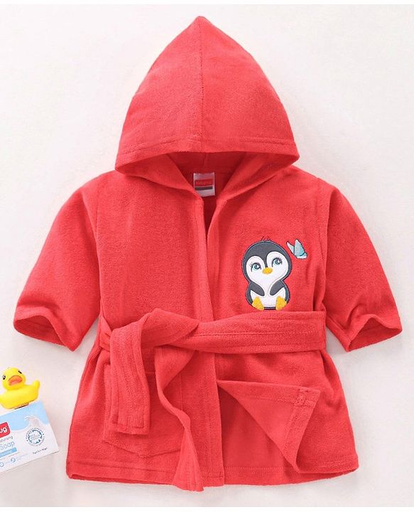 Babyhug Cotton Full Sleeves Penguin Embroidery Hooded Bath Robe - Coral Red