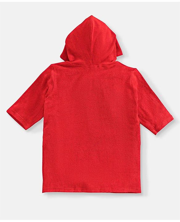 Babyhug Cotton Full Sleeves Panda Embroidery Hooded Bath Robe - Red