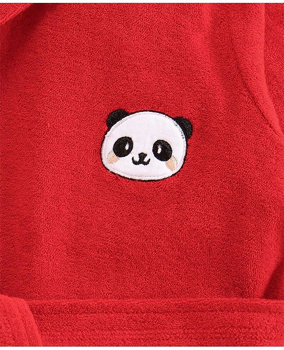 Babyhug Cotton Full Sleeves Panda Embroidery Hooded Bath Robe - Red