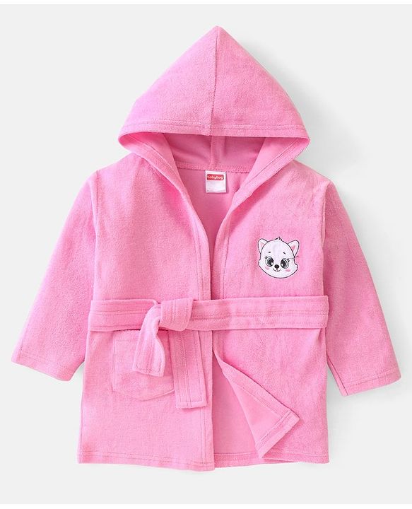 Babyhug Woven Terry Full Sleeves Hooded Bath Robe with  Kitty Embroidery - Pink
