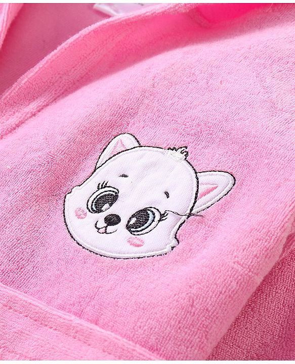 Babyhug Woven Terry Full Sleeves Hooded Bath Robe with  Kitty Embroidery - Pink