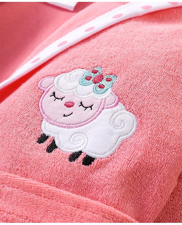 Babyhug Full Sleeves Hooded Terry Bath Robe Sheep Embroidery - Pink